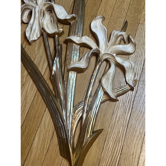 VTG MCM Floral Wall Art Sculpture 21.5" Gold Cream Metal Iris Flower Home Decor - Picture 4 of 6